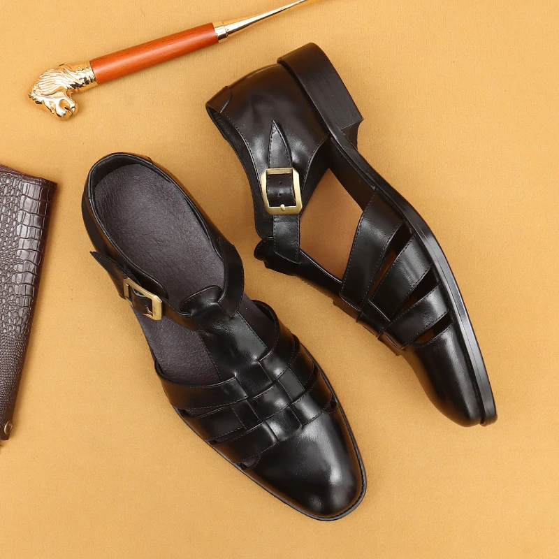 夏季英伦透气包头沙滩凉皮鞋高端复古搭扣罗马凉鞋男商务休闲真皮