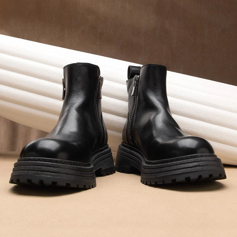 百搭复古马皮切尔西靴头层牛皮饱满内里靴子厚底增高时尚切尔西靴