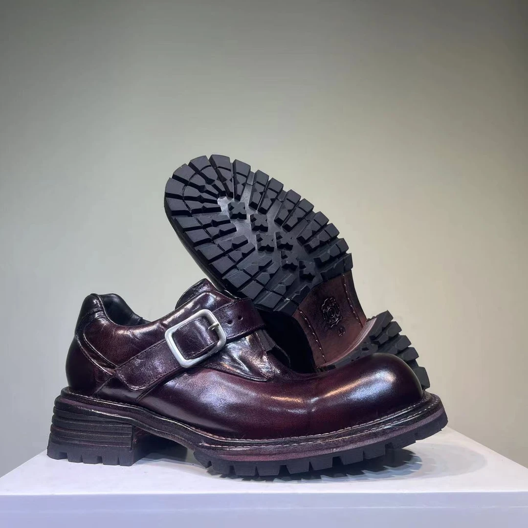 2025新款马皮固特异男鞋水洗手工厚底增高时尚搭扣男士皮鞋休闲鞋