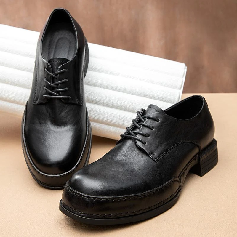 英伦风皮鞋男真皮手工复古大头鞋男士头层牛皮休闲鞋厚底系带秋季
