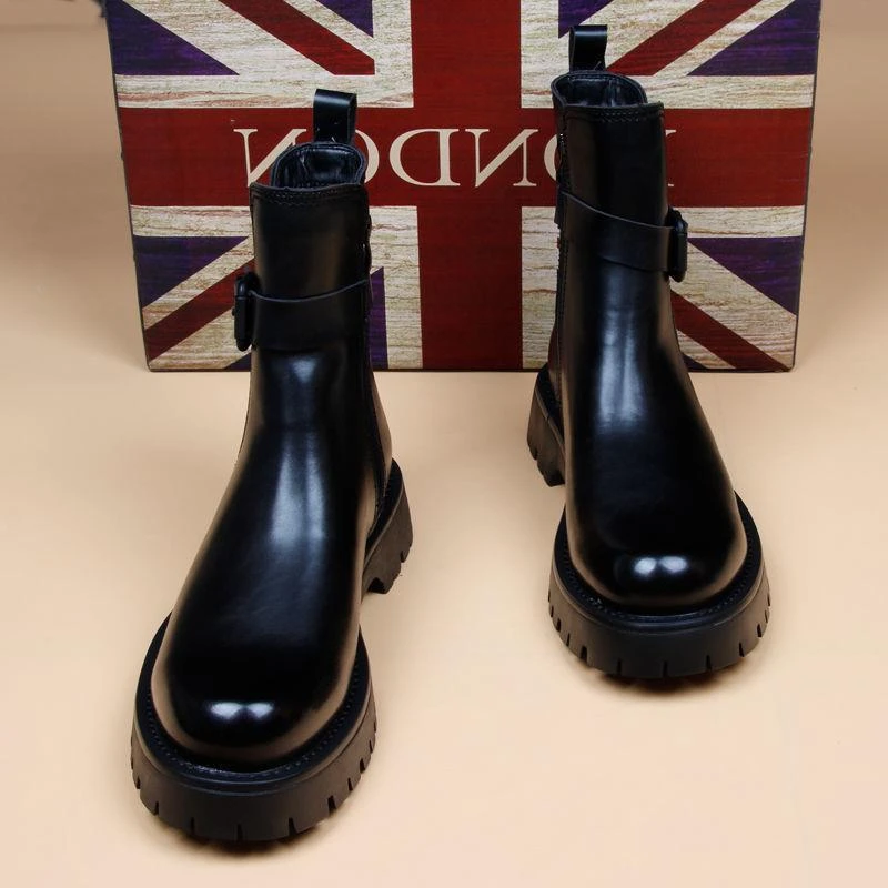 冬季加绒2025年新款中帮切尔西靴男款真皮增高男靴马丁靴男士高帮