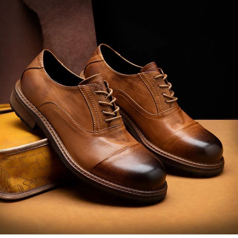 三接头皮鞋男真皮英伦复古手工厚底商务德比鞋男士头层牛皮休闲鞋