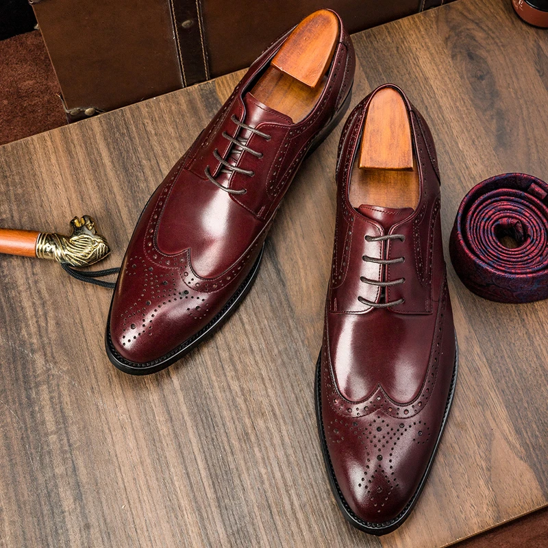 商务休闲真皮手工男鞋棕色尖头婚鞋春秋季布洛克皮鞋男雕花英伦风