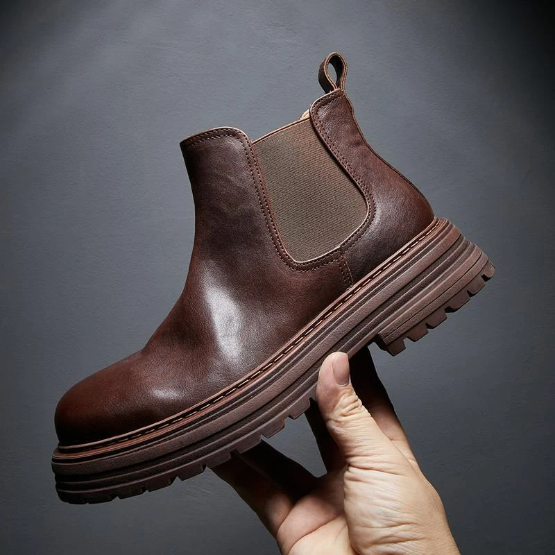 英伦风水洗牛皮短靴2025春秋季新款切尔西靴男真皮厚底马丁靴复古