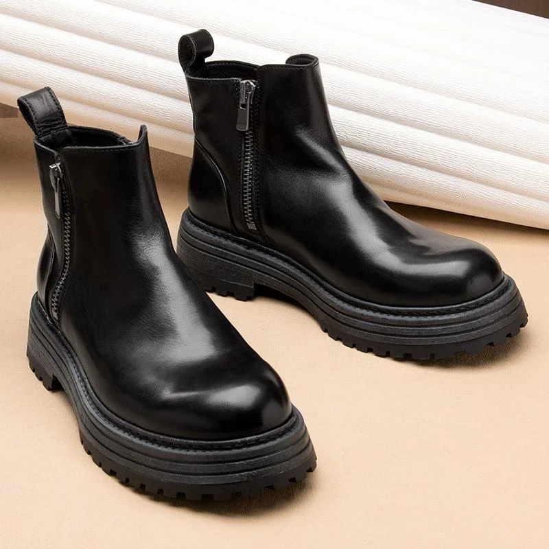 切尔西靴百搭复古马皮切尔西靴头层牛皮饱满内里靴子厚底增高时尚