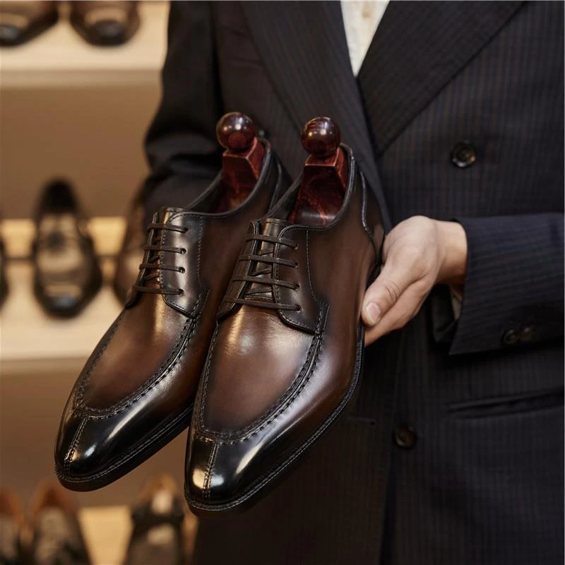 新款男鞋意大利挪威缝低帮牛皮真皮鞋手工绅士德比鞋
