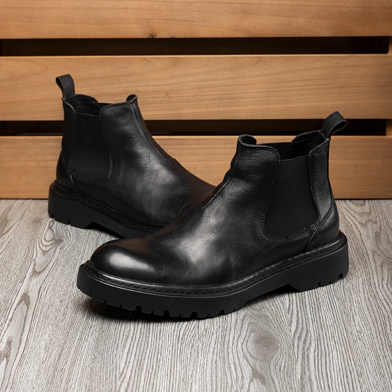 英伦风皮靴百搭真皮切尔西靴高帮马丁靴男款加绒保暖短靴男士靴子
