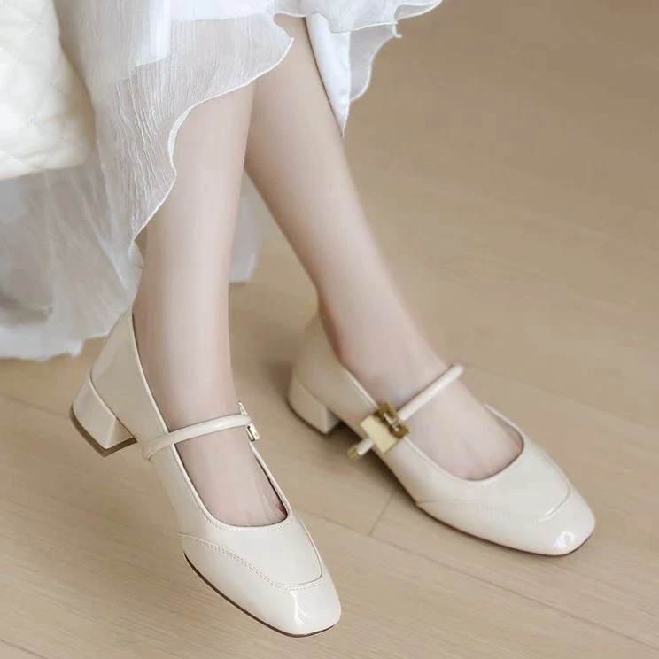 品牌软皮气质粗跟单鞋女方头浅口法式玛丽珍鞋2024新款小皮鞋单鞋