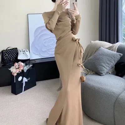 法式纯欲风针织套装一字肩上衣女秋季2024新款绑带半身长裙两件套