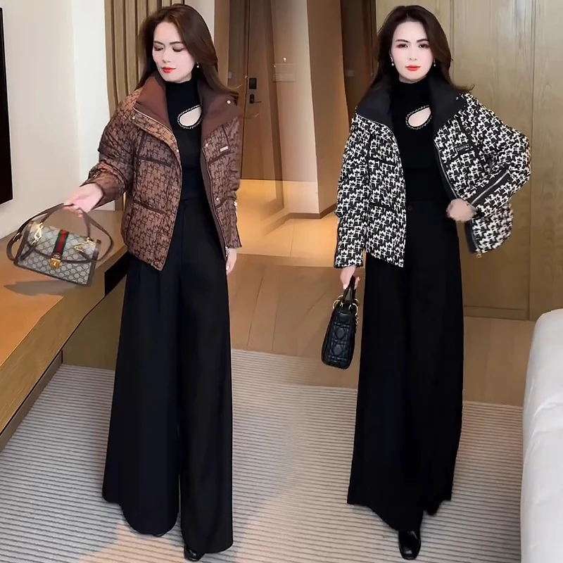 千鸟格羽绒棉衣女2024冬季新款韩版时尚宽松面包服保暖棉服外套潮