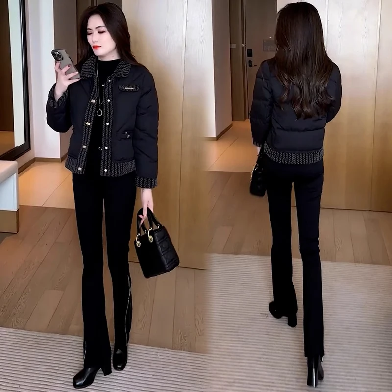 小香风羽绒棉服女短款冬季时尚气质显瘦加厚保暖毛呢拼接棉袄外套