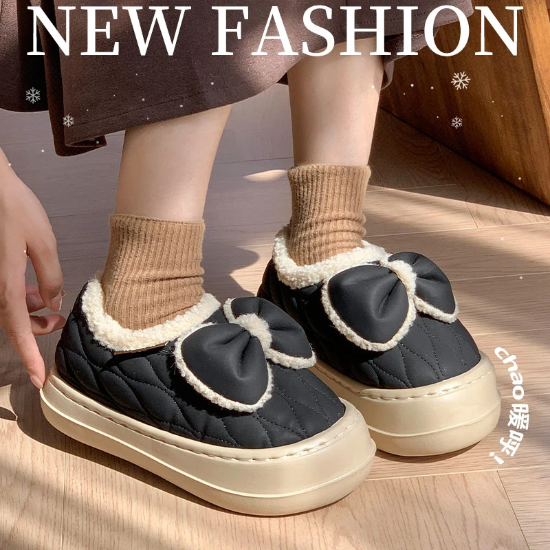 欢享家x冬季新款棉拖女鞋少女蝴蝶结居家外穿厚底拖鞋加绒保暖