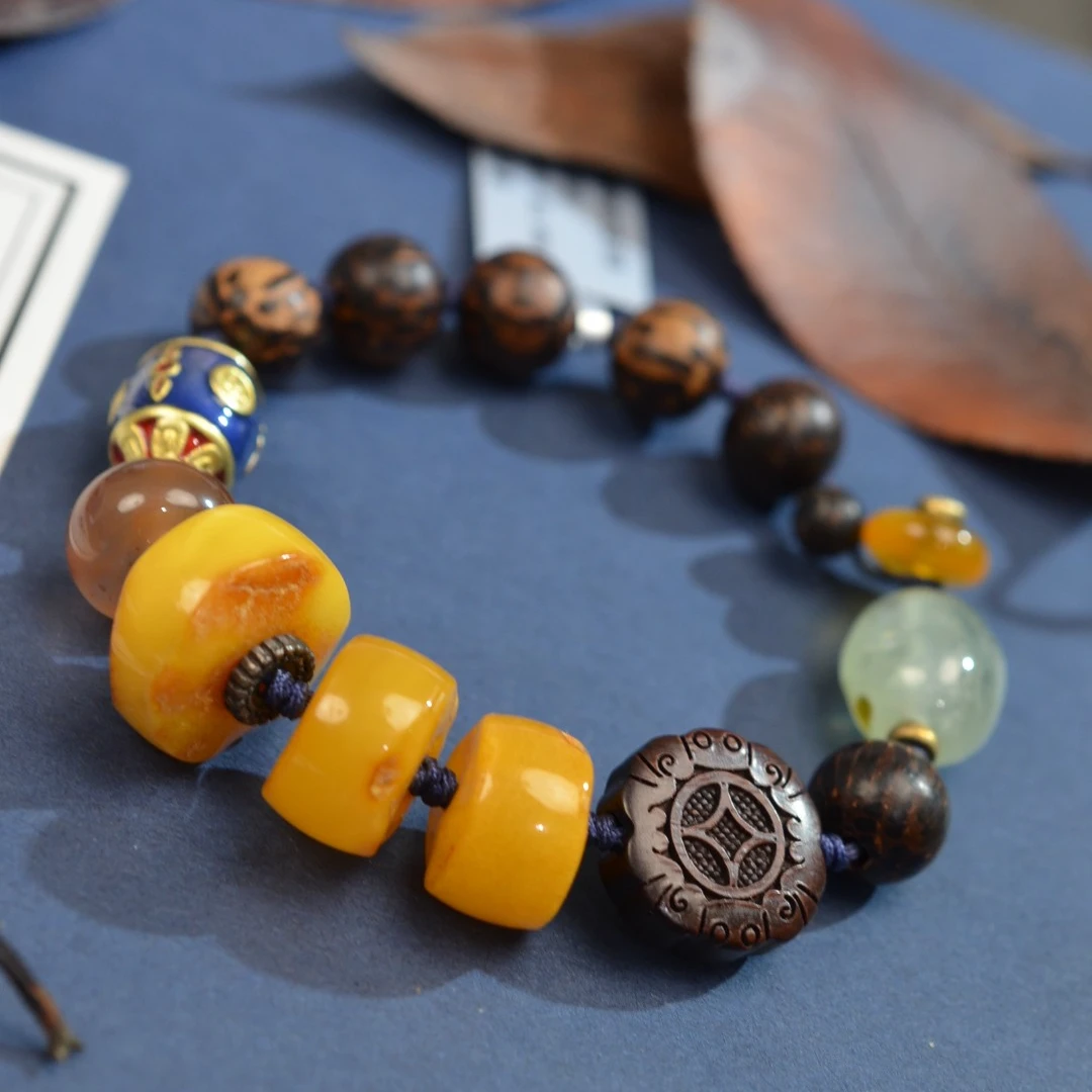 国潮古典复古中国风天然蜜蜡手链  女士单圈手串珠宝南红首饰品