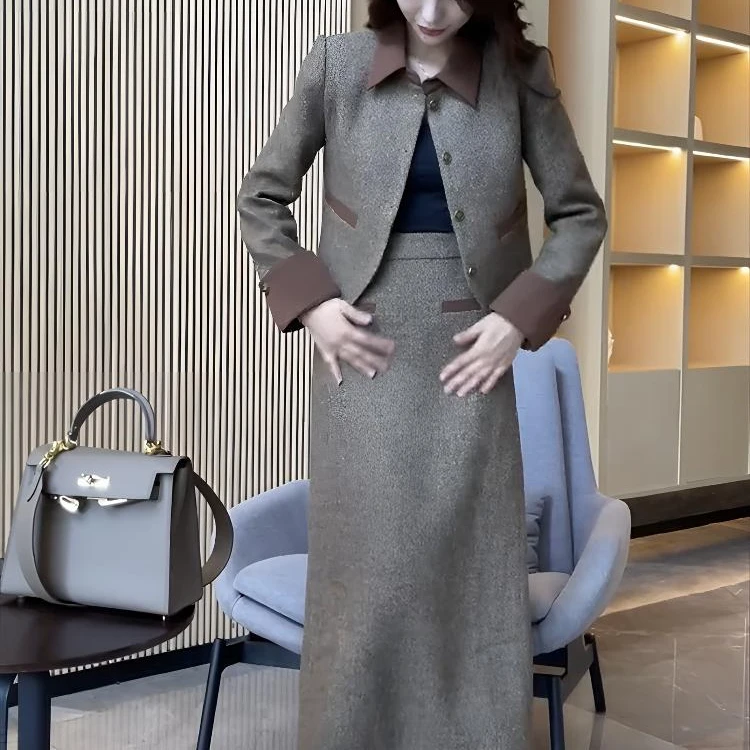 美拉德穿搭一整套高级感御姐气质女神范卡其色小香风上衣套装裙秋