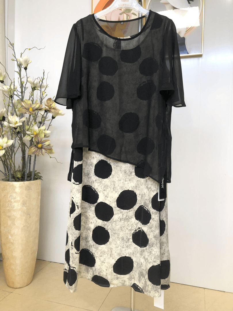 欧美姿2024夏装韩版宽松显瘦遮肉两件套波点连衣裙