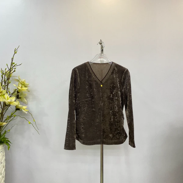 欧美姿秋季新款高档气质V领金丝绒套头长袖显瘦上衣S042