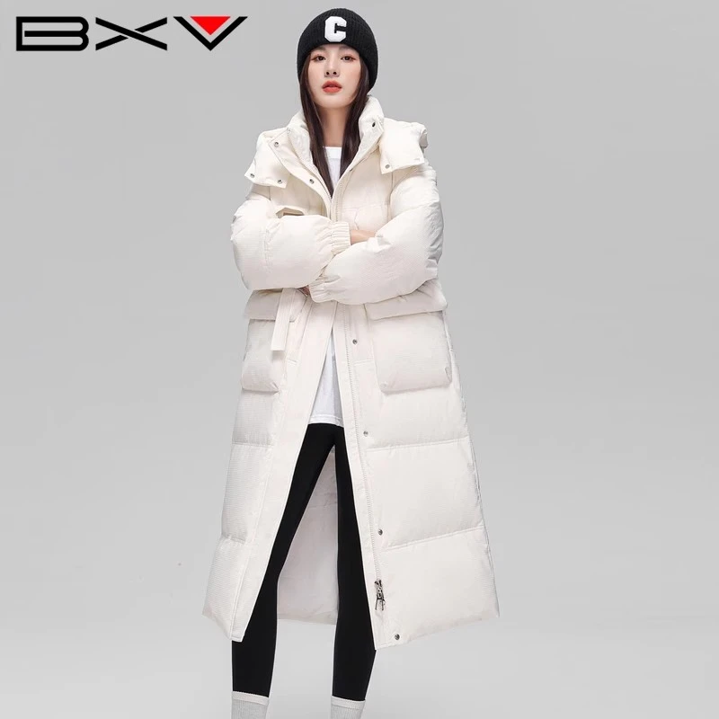 BXV白色羽绒服女长款过膝2024冬季新款加厚可拆卸帽子白鸭绒外套