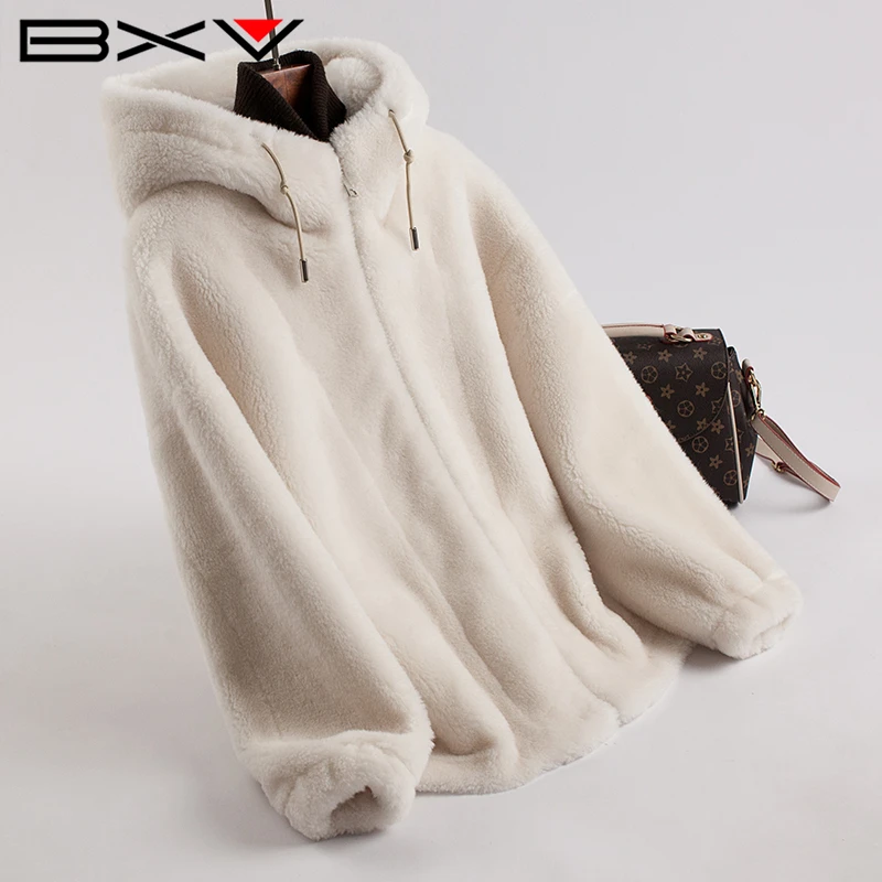 BXV羊羔毛外套女连帽短款2025秋冬新款休闲羊剪绒颗粒大衣潮