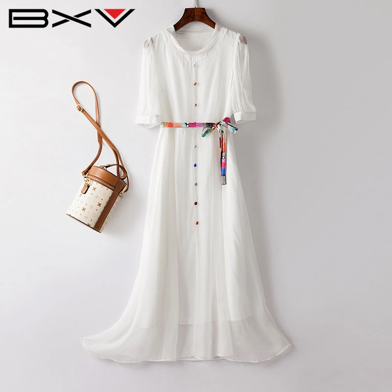 BXV100%桑蚕丝连衣裙女中长款2024新款彩色纽扣腰带真丝气质长裙