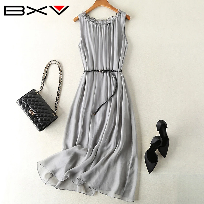 BXV真丝连衣裙女2025夏季新款无袖灰色裙子桑蚕丝气质显瘦长裙子