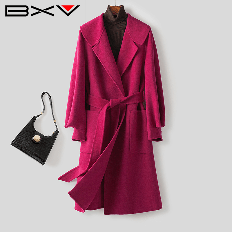 BXV火龙果色双面羊毛大衣女中长版2023秋季新款双面呢外套系带潮