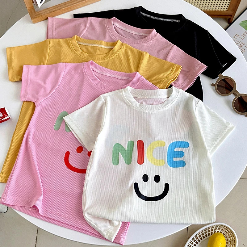 夏季新款冰丝男童女童潮流圆领韩版洋气百搭可爱宽松T恤儿童短袖