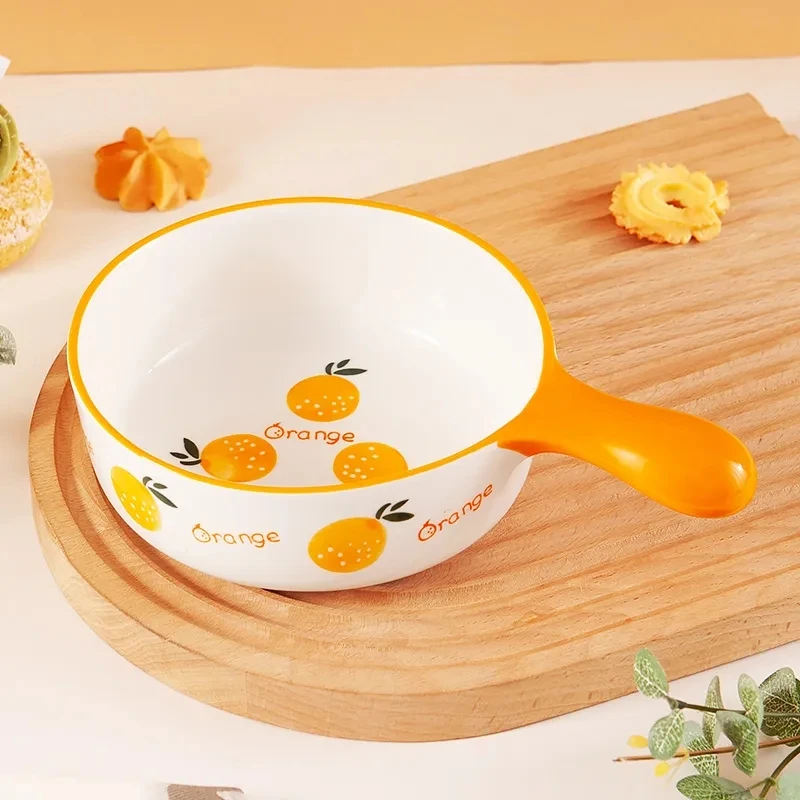 釉下彩香橙手柄碗沙拉碗拌面碗创意陶瓷烤碗餐碗网红可爱家用