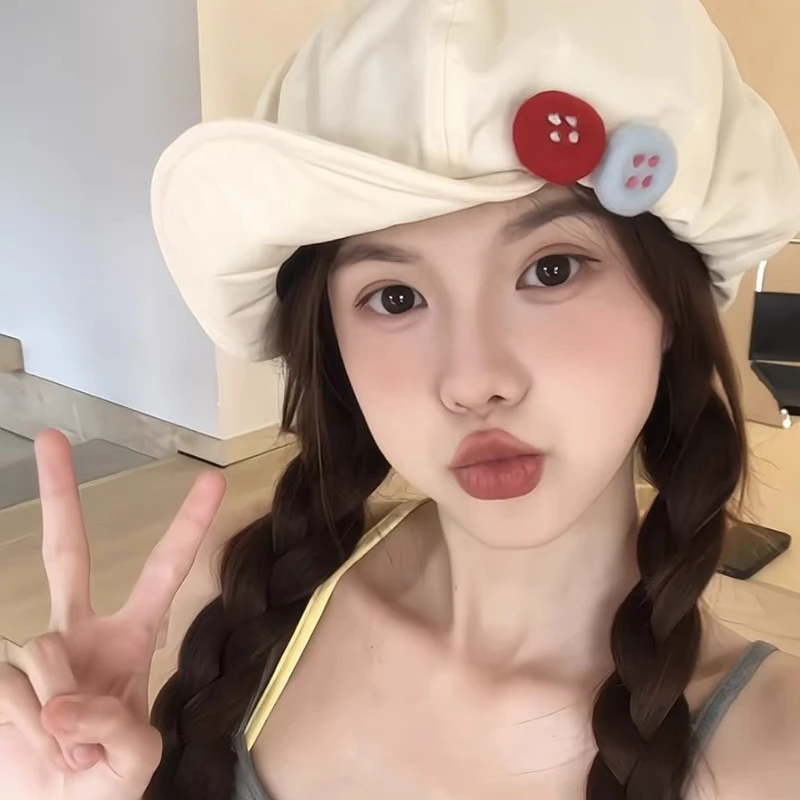 复古日系棉麻八角帽女彩色毛毡纽扣画家帽大头围云朵贝雷帽显脸小