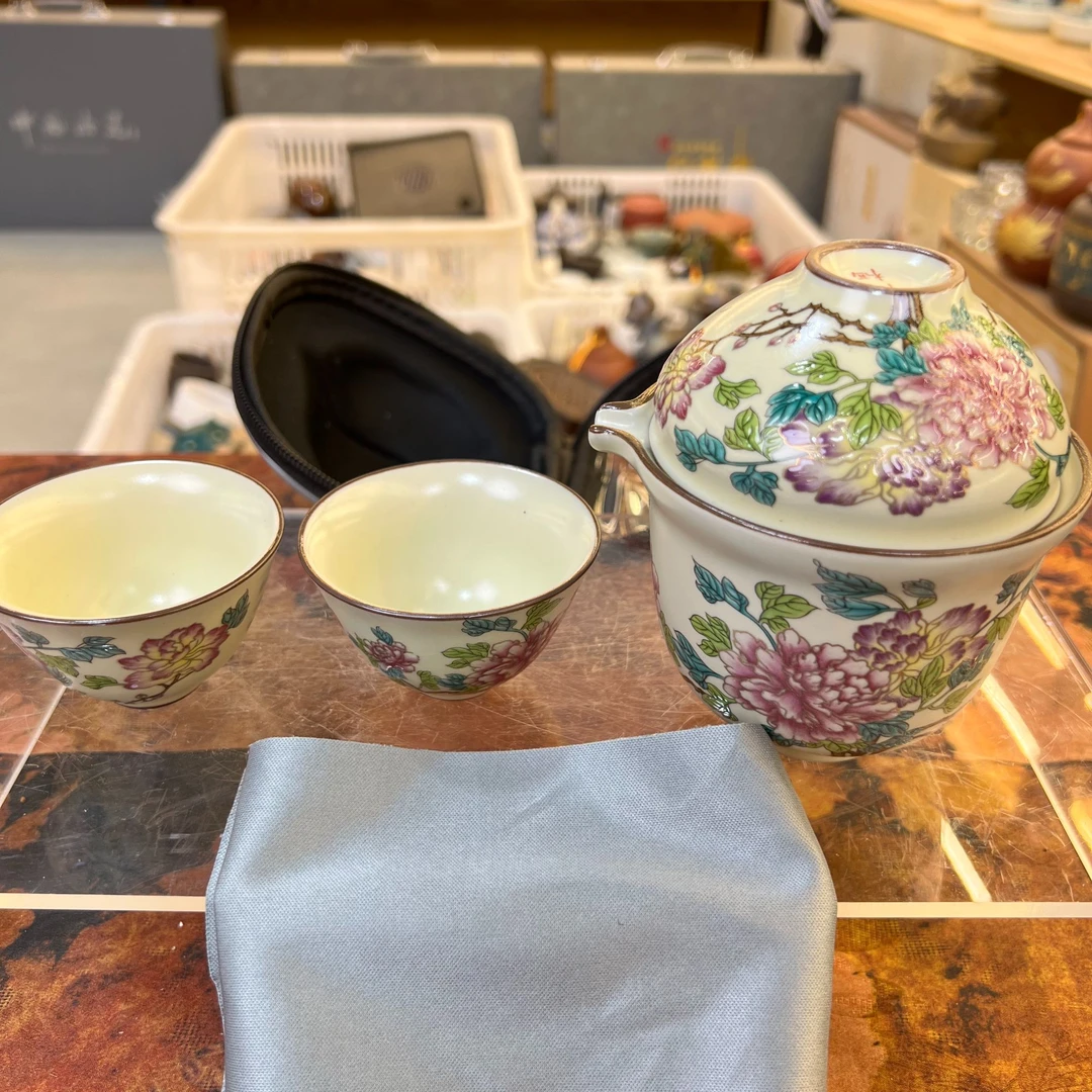 陶栖堂牡丹花快客杯一壶三杯带包298