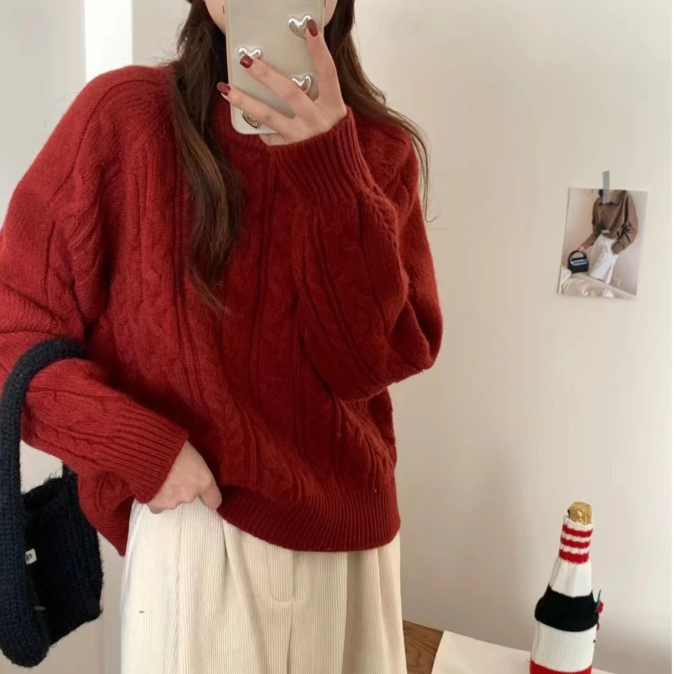 阿咪-复古麻花圆领纯色套头毛衣秋冬新款慵懒复古内搭外穿针织衫