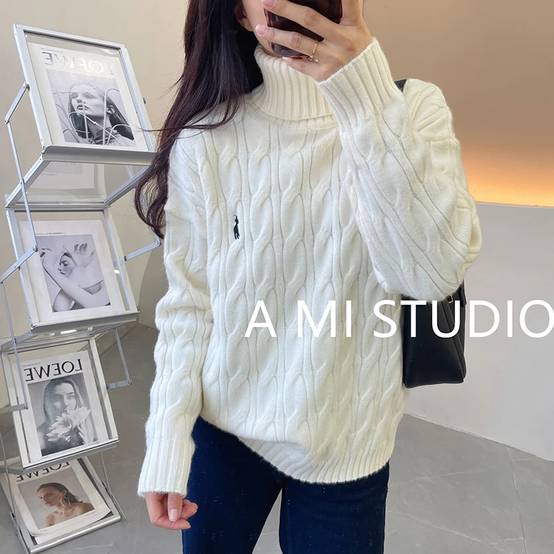 阿咪-T35高级感刺绣高领厚毛衣女2023新款别致麻花内搭外穿打底衫