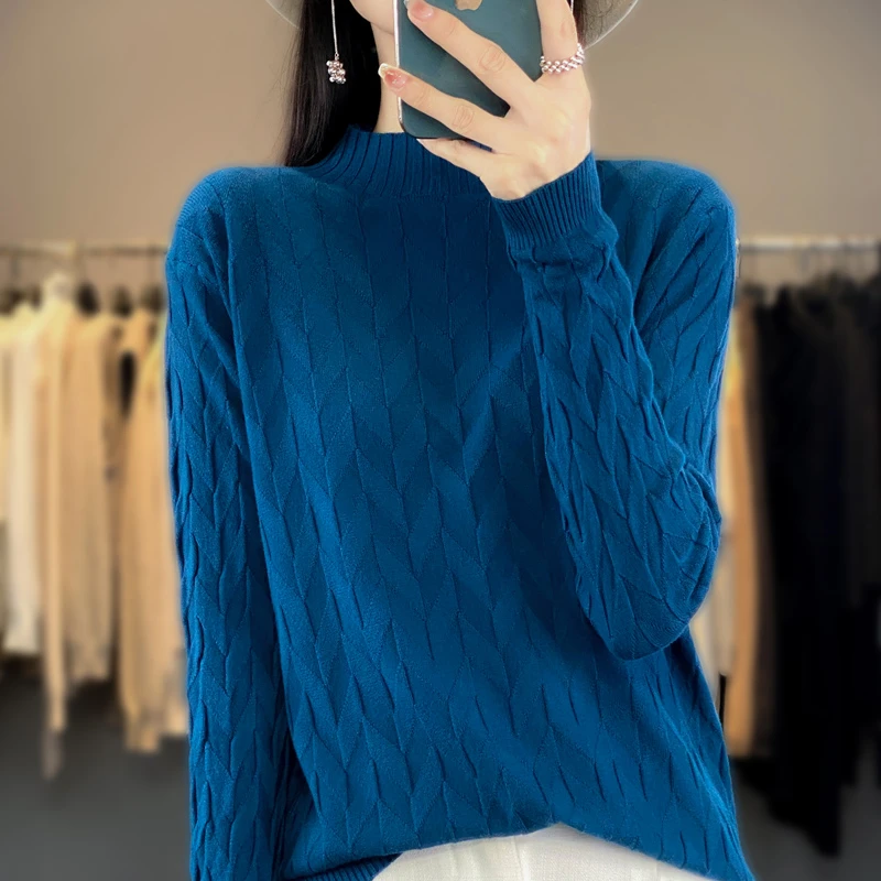 X&K   女士2025春秋季新款洋气3D立体半高长袖套头显瘦针织打底衫