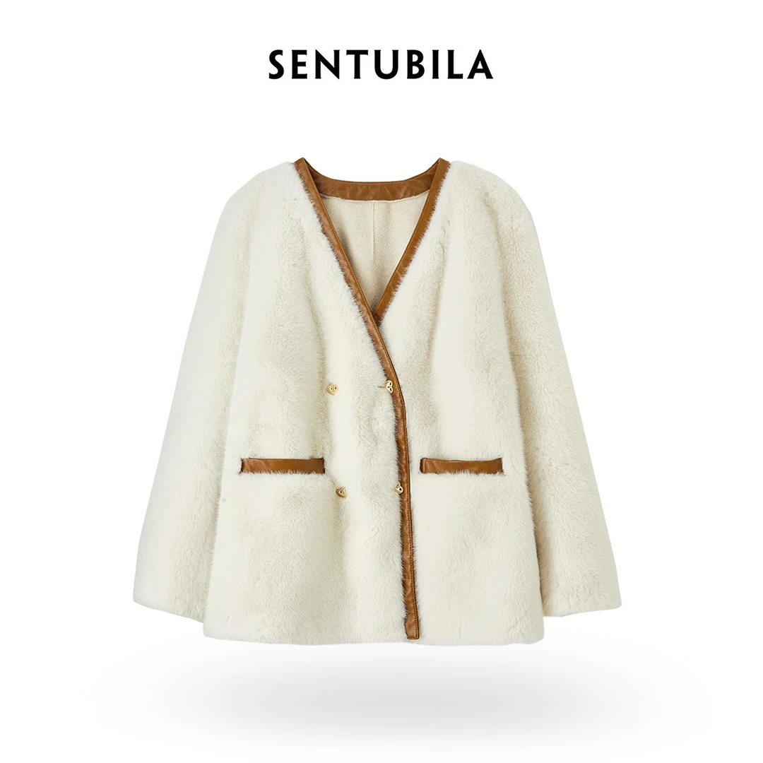 尚都比拉|休闲设计感V领双排扣撞色颗粒绒洋气外套-50023