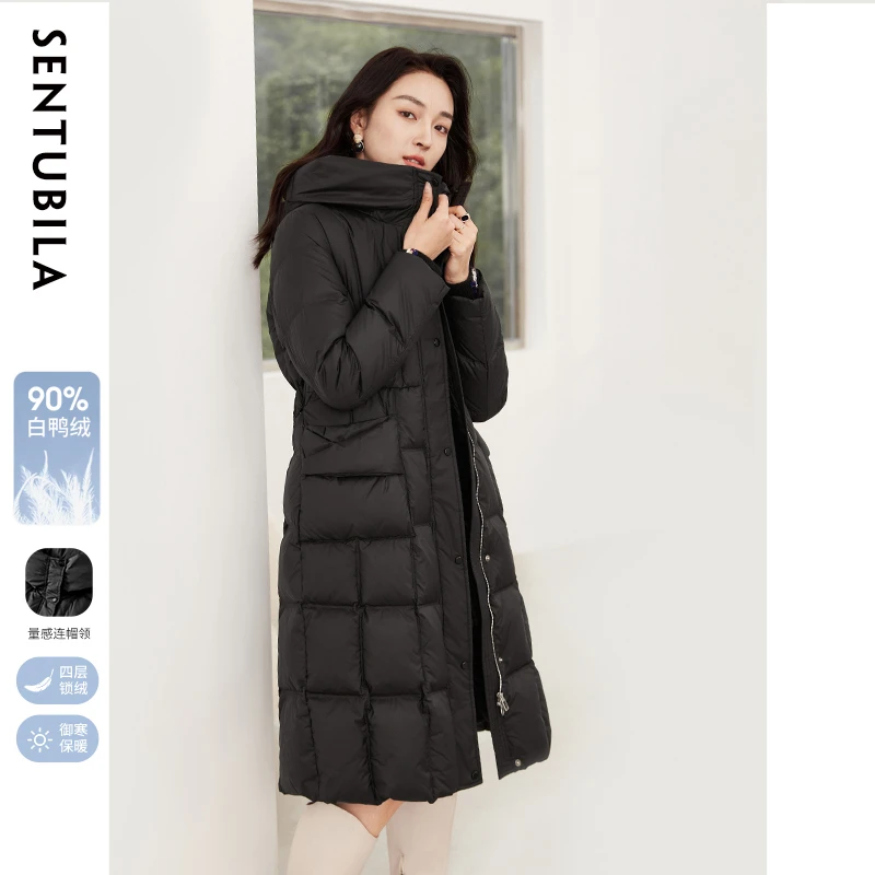 尚都比拉休闲保暖连帽领配腰带对称口袋鸭绒复古羽绒服-50158