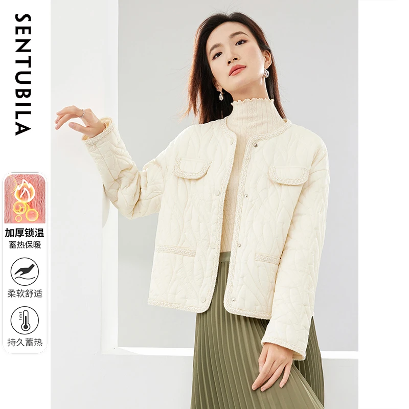 尚都比拉|文艺知性圆领落肩单排扣织带对称贴袋小香风棉服-52721