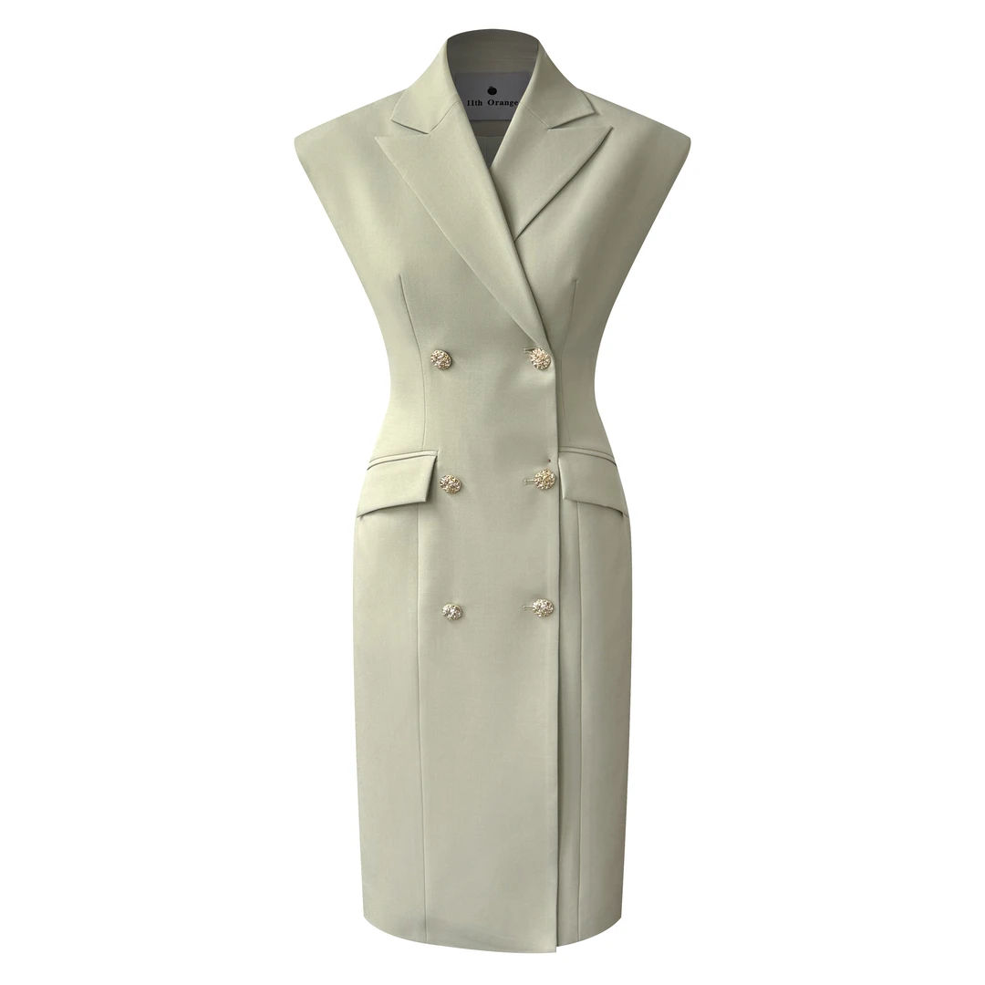 休闲西装收腰V领连衣裙2024新款女夏无袖宽肩背心裙修身开叉长裙