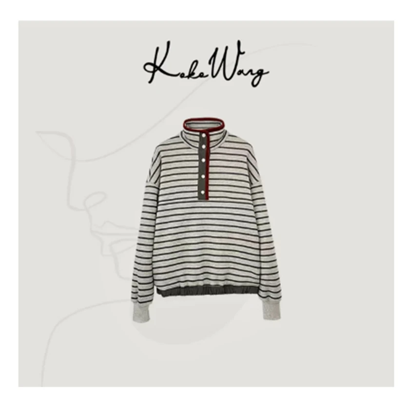 KOKO WANG"英伦假日"条纹立领慵懒随性加绒保暖套头卫衣3110731