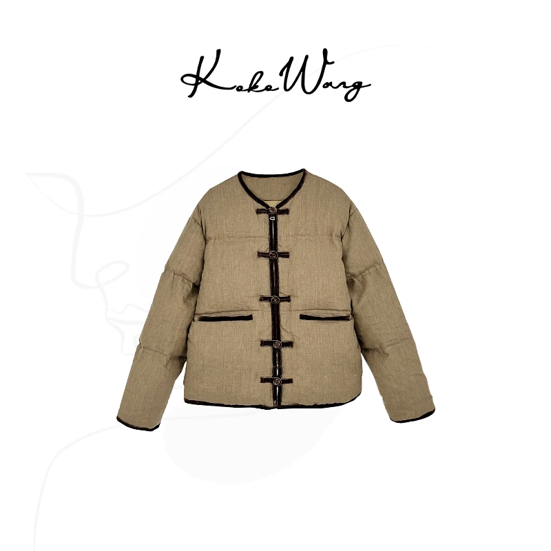 KOKO WANG 热力感"新国风"亚麻丝绒高级90白鹅绒显瘦外套3092740