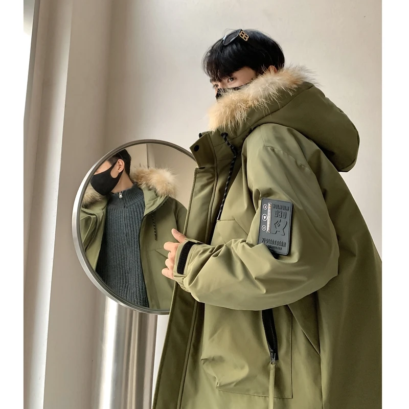 中长款毛领羽绒服男士冬季2023新款工装派克服轻薄保暖白鸭绒外套