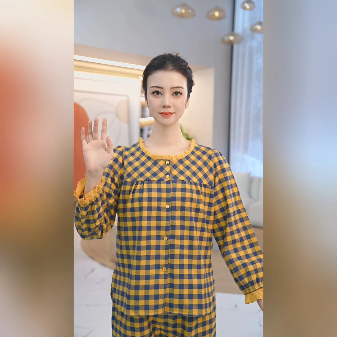 秋鹿梭织印格圆领长袖长裤春秋女套格子宽松棉家居服