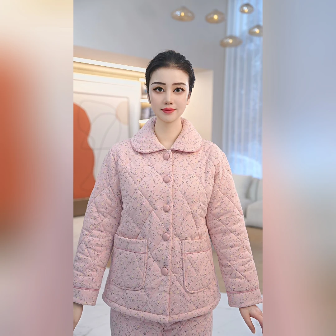 秋鹿针织印碎花夹棉翻领女套保暖冬款家居服睡衣套装