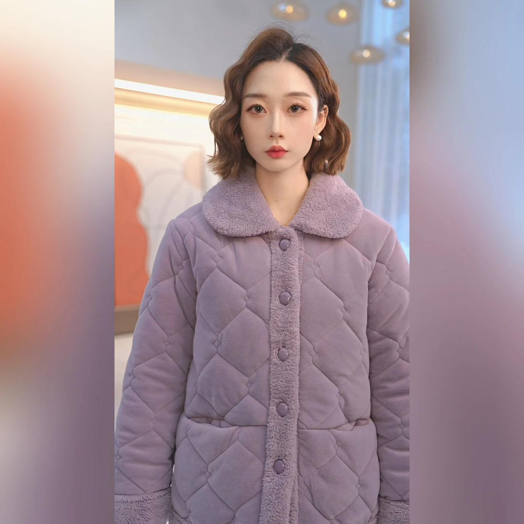 秋鹿澳毛绒夹棉翻领女睡衣套装加厚保暖秋冬季