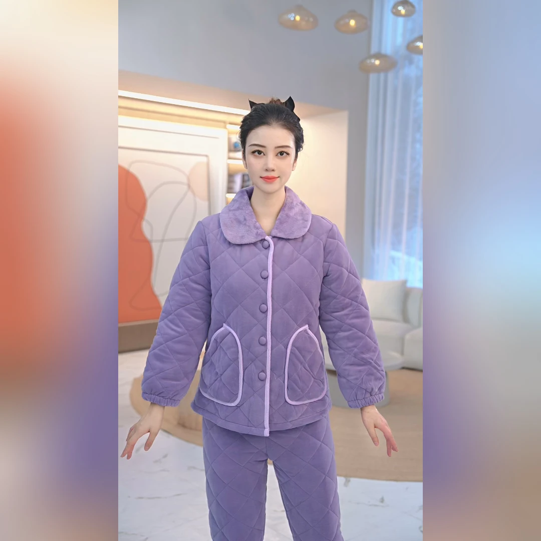 秋鹿新澳毛绒三层夹棉翻领加厚女套加绒保暖锁温冬款家居服