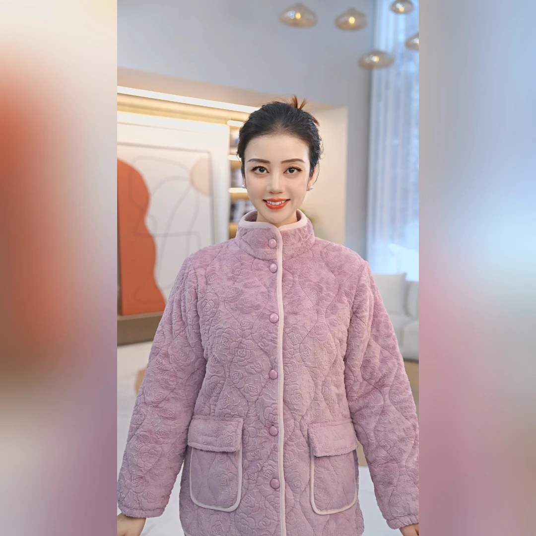 法兰绒烂花三夹棉长袖长裤立领女套