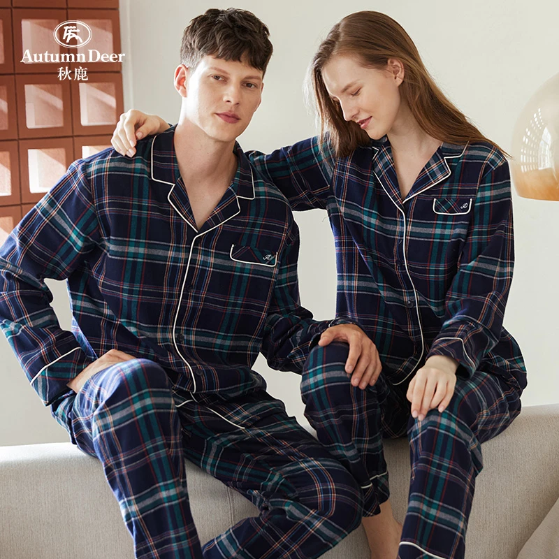 秋鹿【梭织棉】情侣睡衣女春秋款格子长袖纯棉休闲开衫家居服男秋