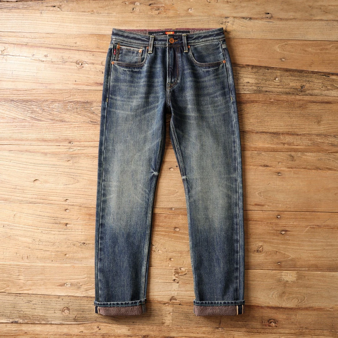 KM8017赤耳丹宁16oz秋冬款501津巴布韦棉啡色底纱高端男士牛仔裤