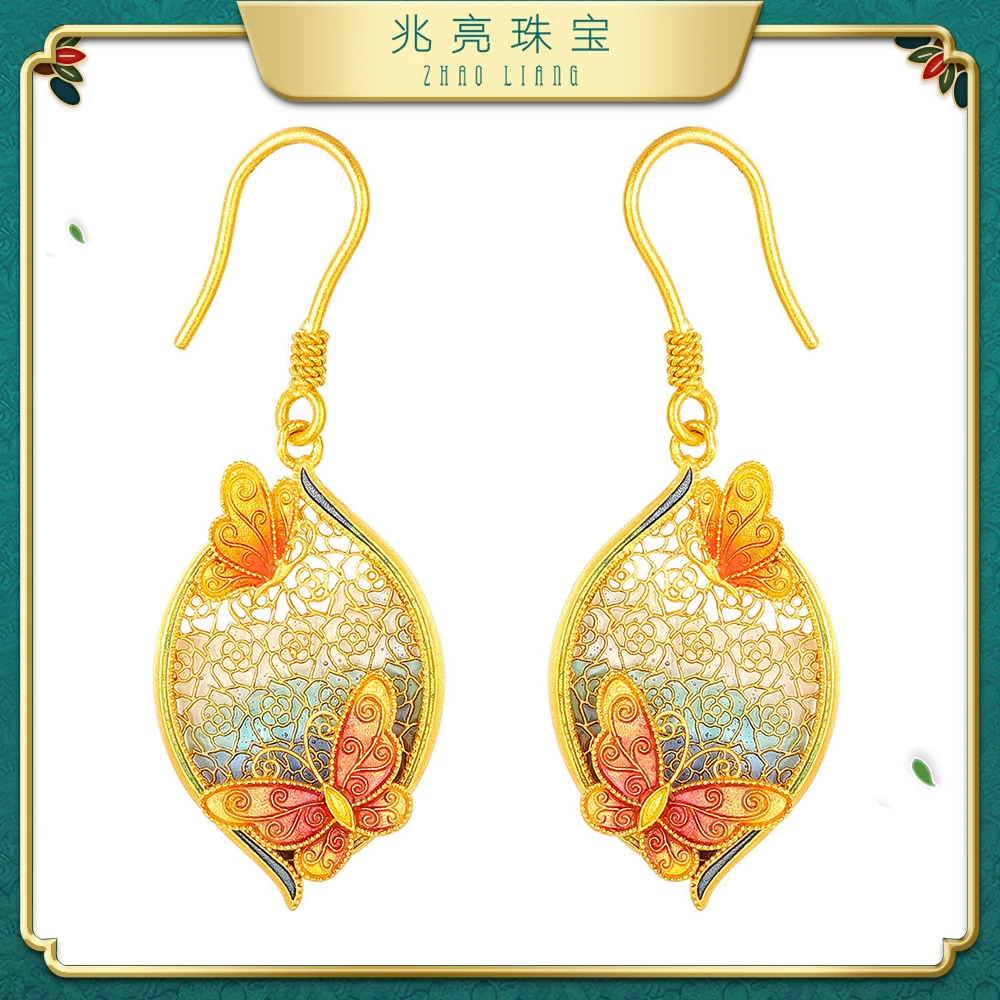 兆亮珠宝足金黄金蝴蝶耳钩古法女士耳坠时尚耳钉纯金耳饰精致百搭