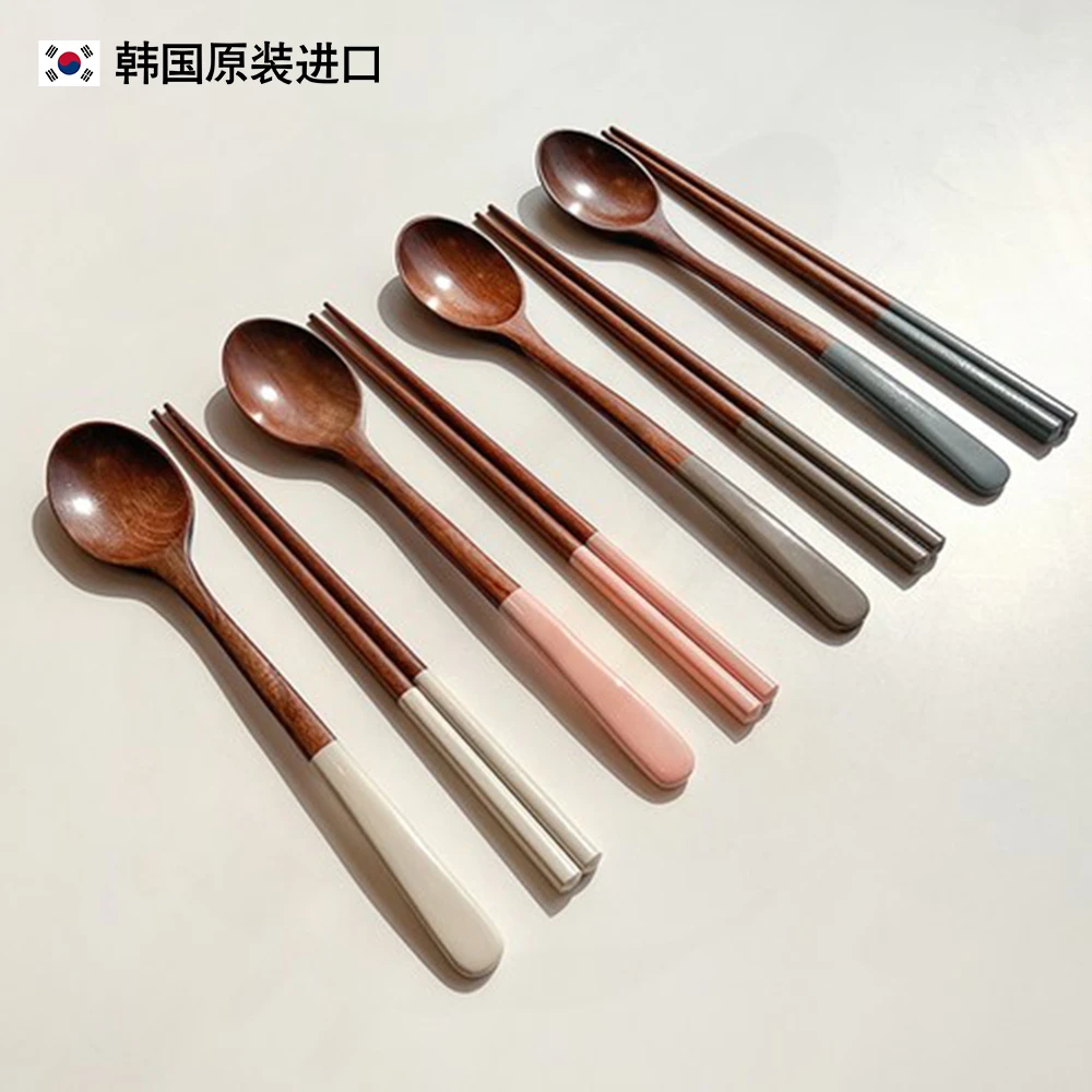 韩国进口~木勺筷四色勺子筷子马卡龙色拼接撞色简约创意家用便携