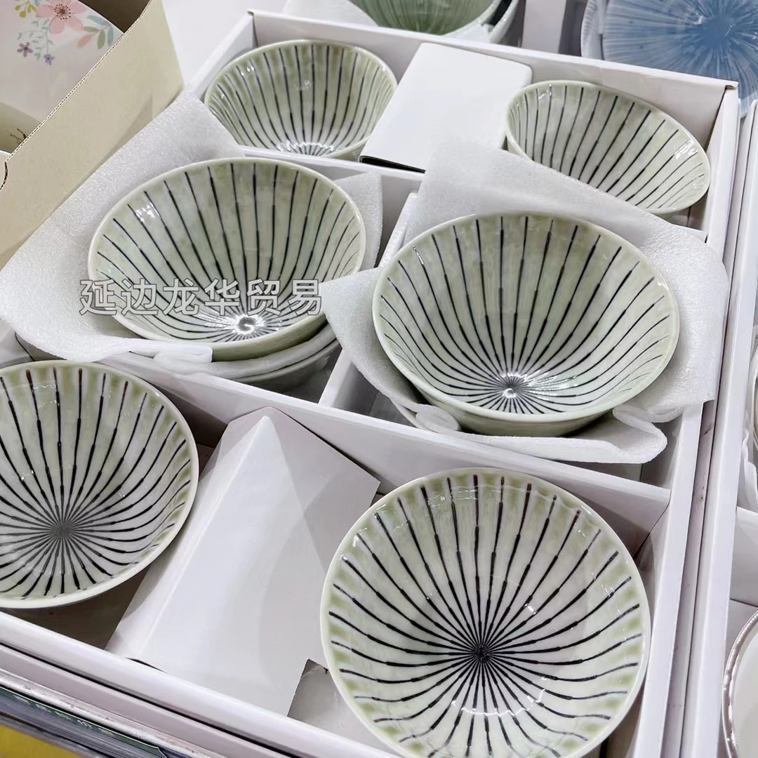 日本素色条纹套完碗8件套