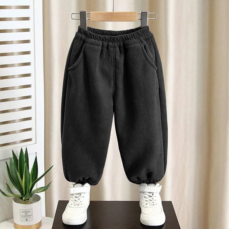 新品2023新款儿童哈伦裤卫裤春秋男童灯芯绒裤冬季加绒加厚束脚裤